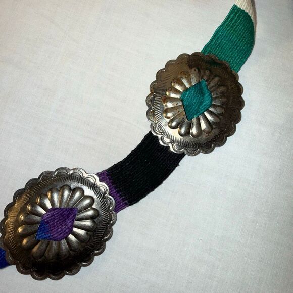 Vintage Handwoven Rainbow Belt with Silver Conchos | Southwestern Artisan Boho C - Picture 4 of 16